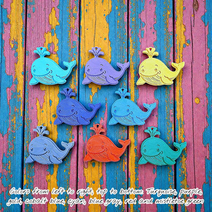 Handmade and customizable whale keychains in assorted colors, perfect for classroom prizes, party favors for kids birthdays, and unique bag charms.