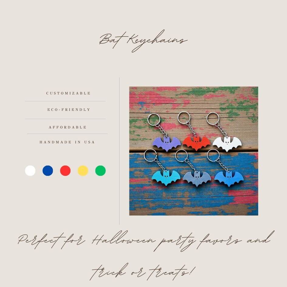 Handmade and customizable bat keychains in assorted colors, perfect for Halloween gifts, party favors, or gothic-themed keyring collections.