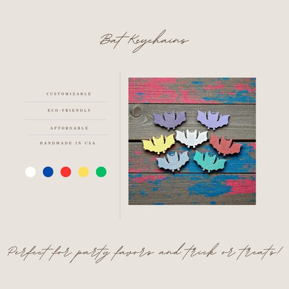 Handmade and customizable bat keychains in unique colors, perfect for Halloween trick or treats, gothic party favors, and bat-themed accessories.