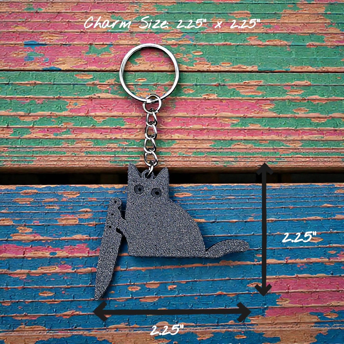 Handmade and customizable black cat keychain in black, great for creepy cute key rings, trick or treat gifts, and Halloween parties.
