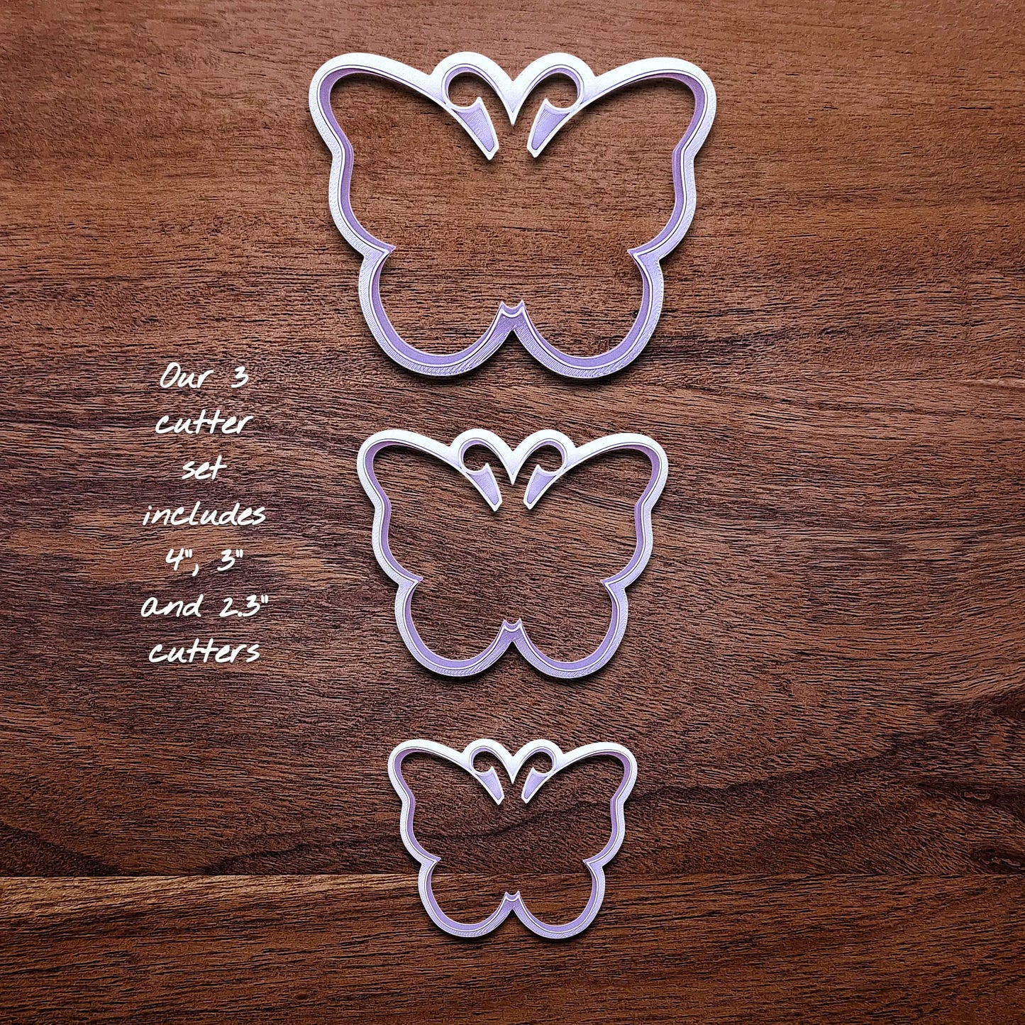 Handmade and customizable butterfly cookie cutters in three sizes, perfect for spring baking, garden party treats, birthdays, events, weddings, fondant decorations, and whimsical cookie designs.