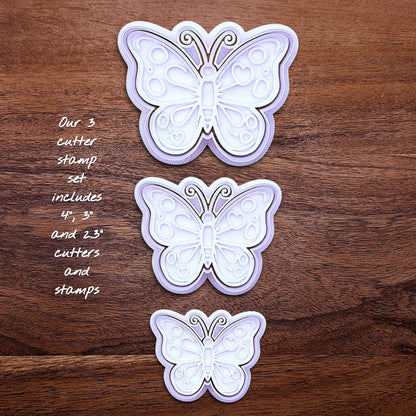 Handmade and customizable butterfly cookie cutters and stamps in three sizes, perfect for spring baking, garden party treats, birthdays, events, weddings, fondant decorations, and whimsical cookie designs.