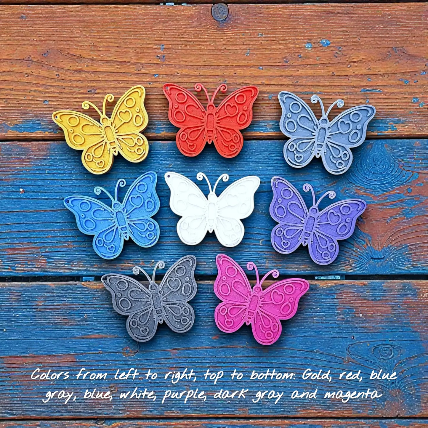 Handmade and customizable butterfly keychains in eight colors, perfect for gifts, party favors, or nature-themed accessories.