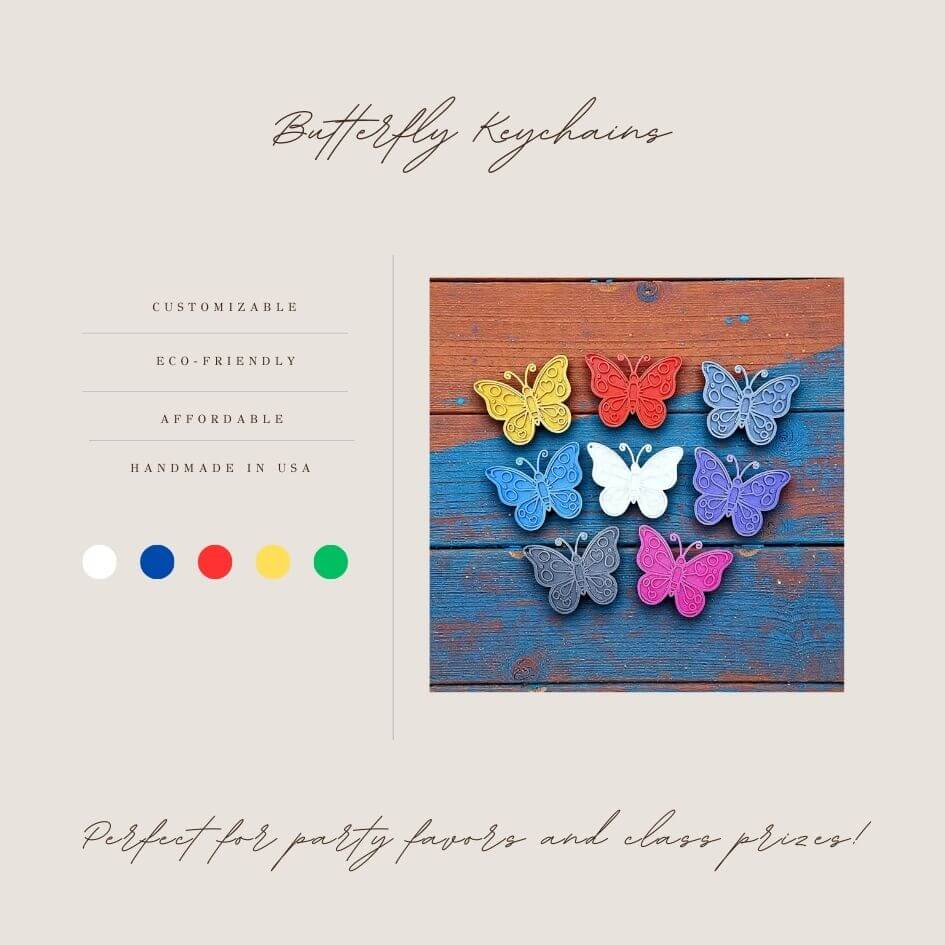 Handmade and customizable butterfly keychains in unique colors, perfect for gifts, party favors, or nature-themed accessories.