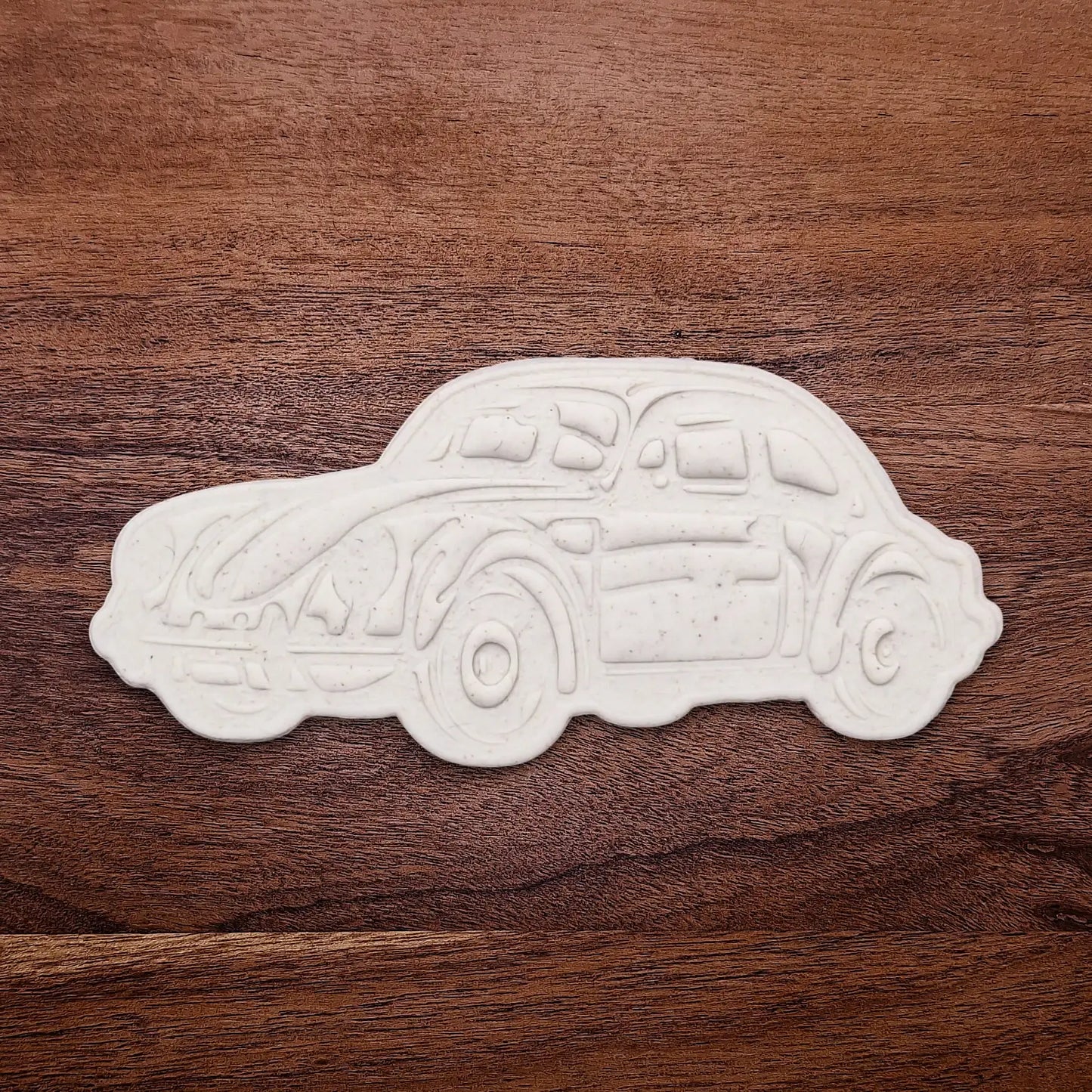 Handmade and customizable punch buggy car cookie cutter dough cutout and imprint, perfect for vintage car themed cookies, birthdays and gifting.