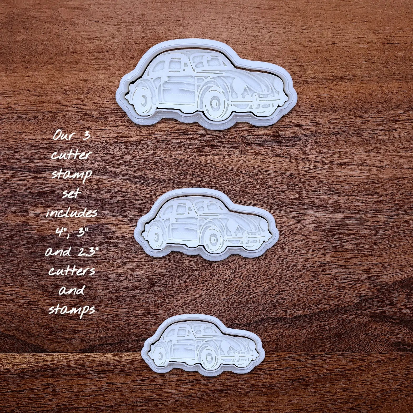 Handmade and customizable punch buggy car cookie cutters and stamps, perfect for vintage car themed cookies, birthdays and gifting.