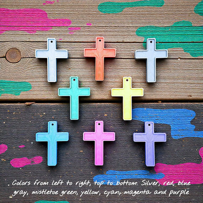 Handmade and customizable cross keychains in assorted colors, perfect for church events, VBS, religious gifts, and faith-based keepsakes.