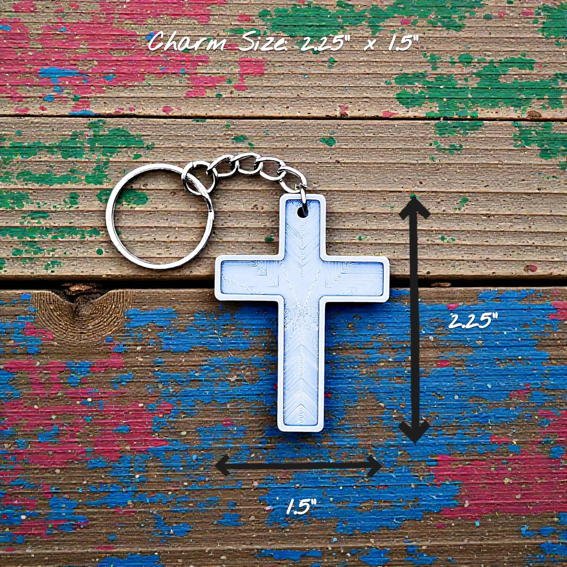 Handmade and customizable cross keychain in blue gray, perfect for church events, VBS, religious gifts, and faith-based keepsakes.