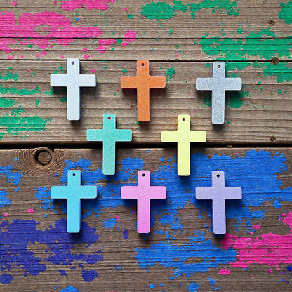 Reverse of handmade and customizable cross keychains in various colors, perfect for church events, VBS, religious gifts, and faith-based keepsakes.