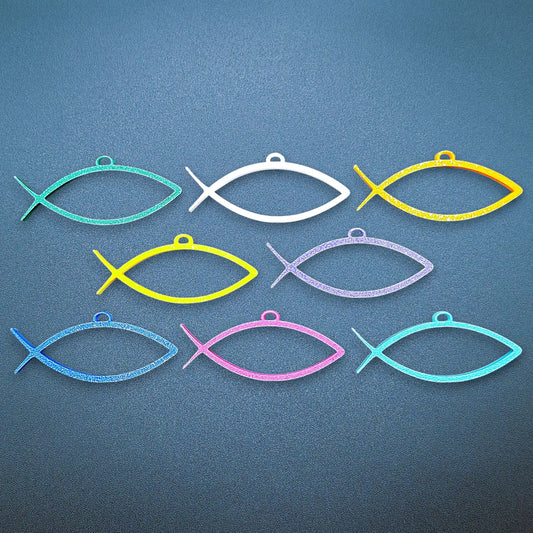 Front of handmade and customizable Christian Fish Keychains, inspirational religious charms for Easter gifts, VBS giveaways, and church favors.