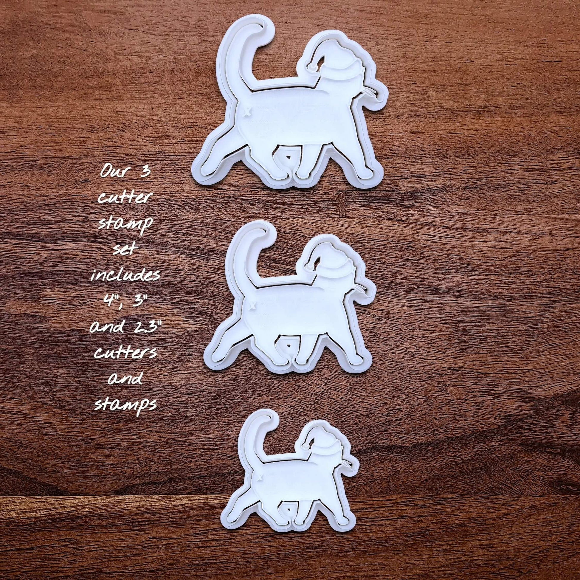 Funny Santa Hat Cat Butt Cookie Cutter and Stamp, available in a 3-piece set or individual sizes, perfect for baking, fondant, crafts, gag gifts and white elephant parties.