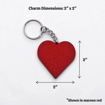 Handmade and customizable heart keychain in maroon red, perfect for classroom prizes, Valentine's Day gifts, party favors for kids birthdays, baby showers and unique backpack charms.