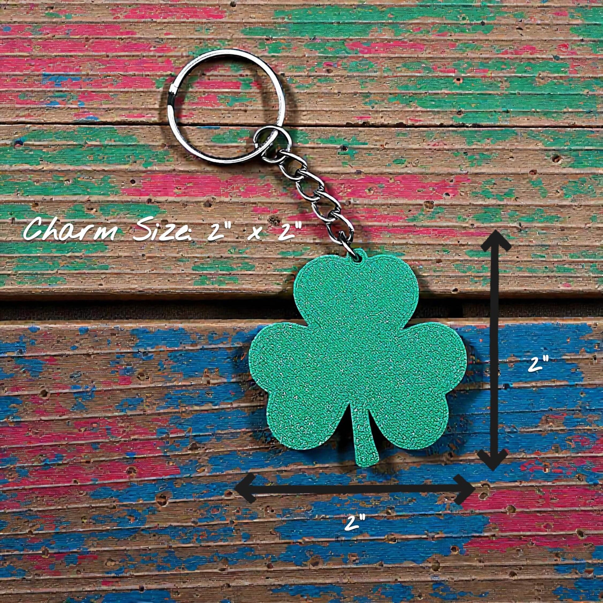 Handmade and customizable shamrock keychain in mistletoe green, perfect for St Patrick's Day party favors and gifts.