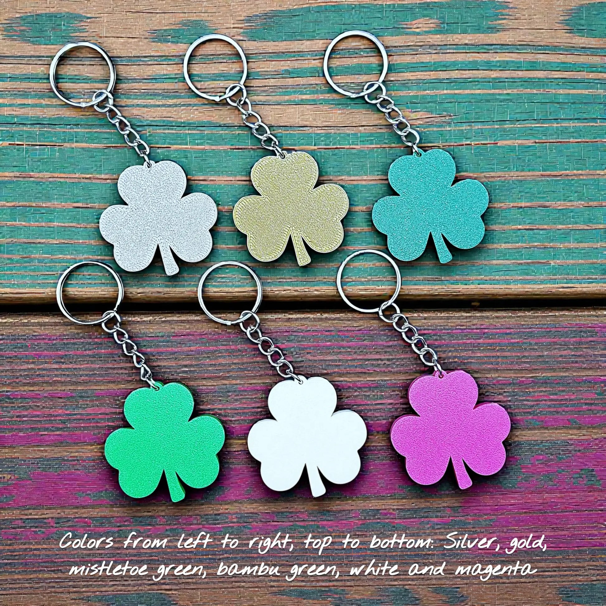 Handmade and customizable shamrock keychain, perfect for St Patrick's Day party favors and gifts.