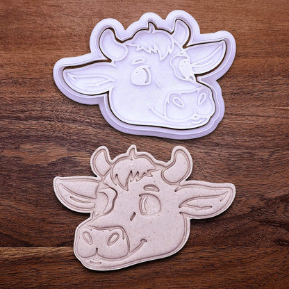 Handmade and customizable cow cookie cutter and stamp alongside a cow dough cutout and imprint, perfect for farm-themed baking and kids’ country birthday party treats.