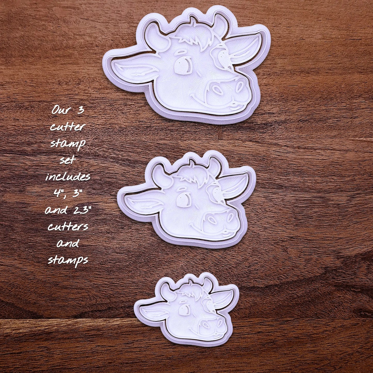 Handmade and customizable cow cookie cutters and stamps, perfect for farm-themed baking and kids’ country birthday party treats.