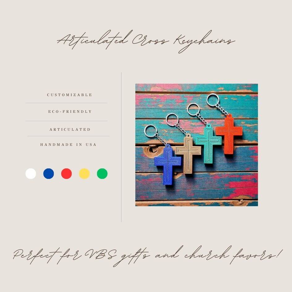 Handmade and customizable articulated cross keychains in assorted colors, ideal for personalized gifts, church events, VBS, and faith-based accessories.