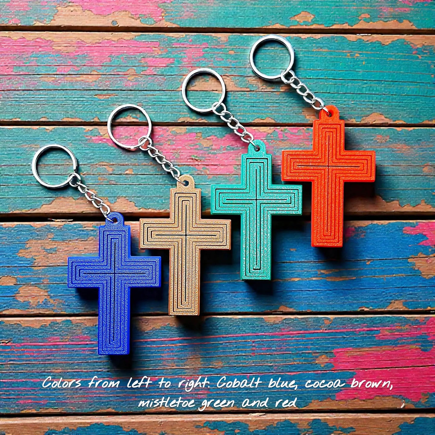 Handmade and customizable articulated cross keychains in unique colors, ideal for personalized gifts, church events, VBS, and faith-based accessories.