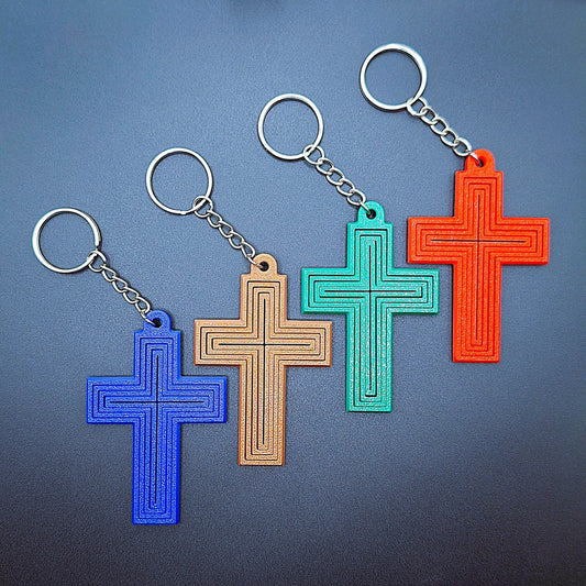 Four customizable cross keychains displayed together, eco-friendly, handmade, ideal for personalized gifts, church events, VBS, and faith-based accessories.
