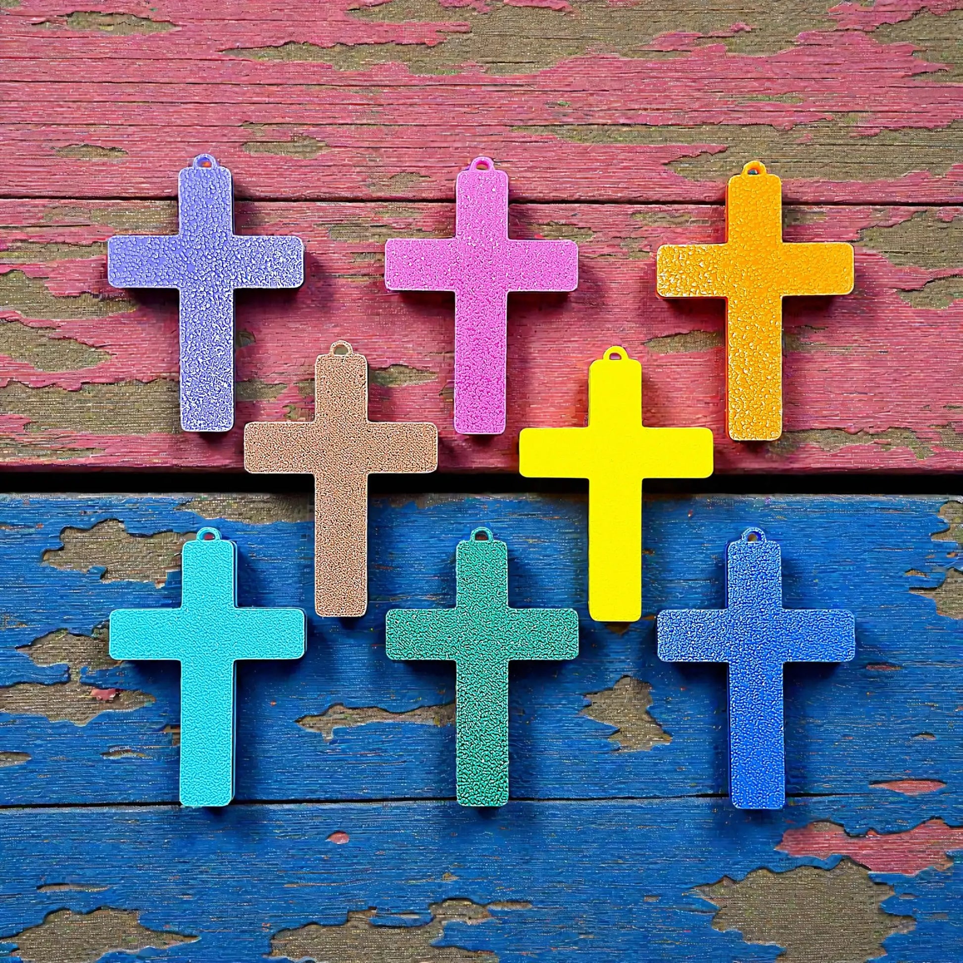 Reverse of handmade and customizable cross keychains in various colors, perfect for church events, VBS, and faith-inspired gifts.