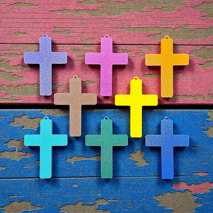 Reverse of handmade and customizable cross keychains in various colors, perfect for church events, VBS, and faith-inspired gifts.