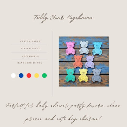 Colorful teddy bear keychains in multiple colors - handmade eco-friendly charms perfect for kids, baby showers, party favors, or animal-themed gifts.