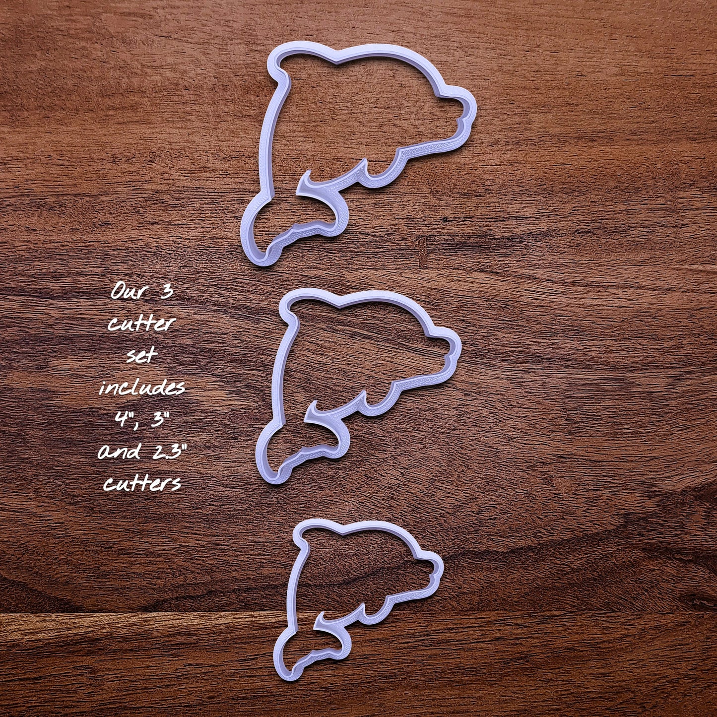 Handmade and customizable dolphin cookie cutter set in three sizes, perfect for ocean-themed cookies, birthdays, aquatic fondant toppers, and sea animal baking projects.