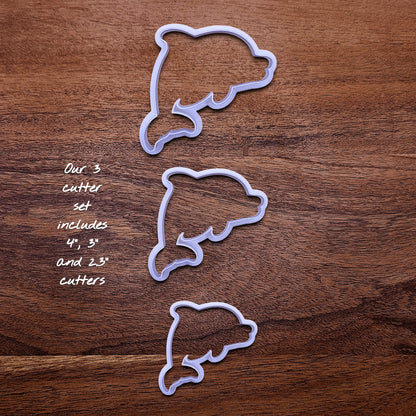 Handmade and customizable dolphin cookie cutter set in three sizes, perfect for ocean-themed cookies, birthdays, aquatic fondant toppers, and sea animal baking projects.