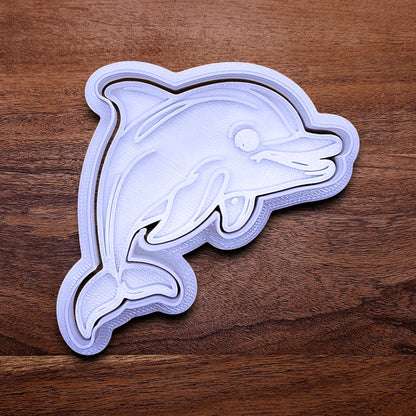 Handmade and customizable dolphin cookie cutter and stamp set, perfect for ocean-themed cookies, birthdays, aquatic fondant toppers, and sea animal baking projects.