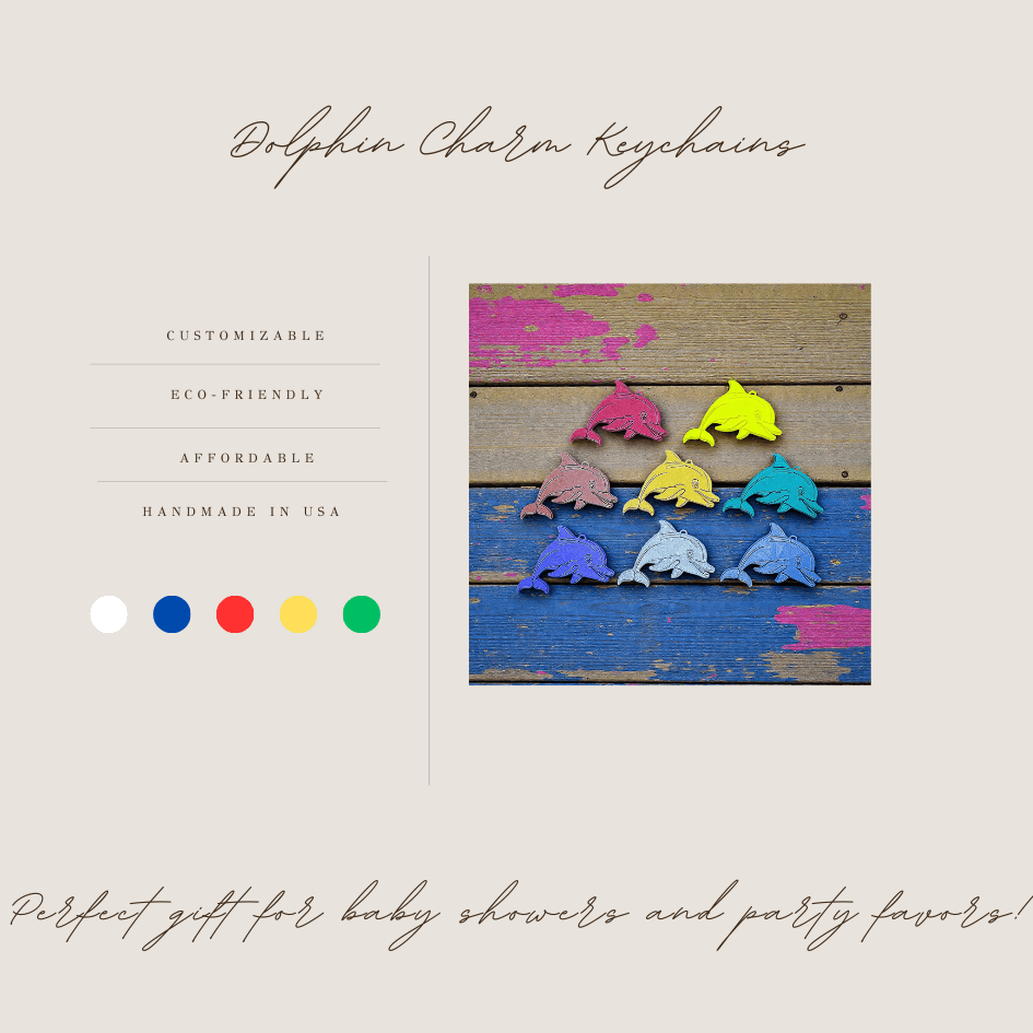 Handmade and customizable dolphin keychains in assorted colors, perfect for classroom prizes, party favors for kids birthdays, and unique bag charms.