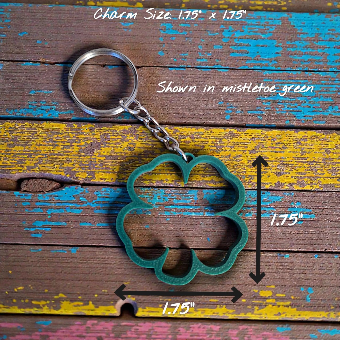 Customizable four leaf clover keychain in mistletoe green, perfect for Irish themed gifts and St Patrick's Day party favors.