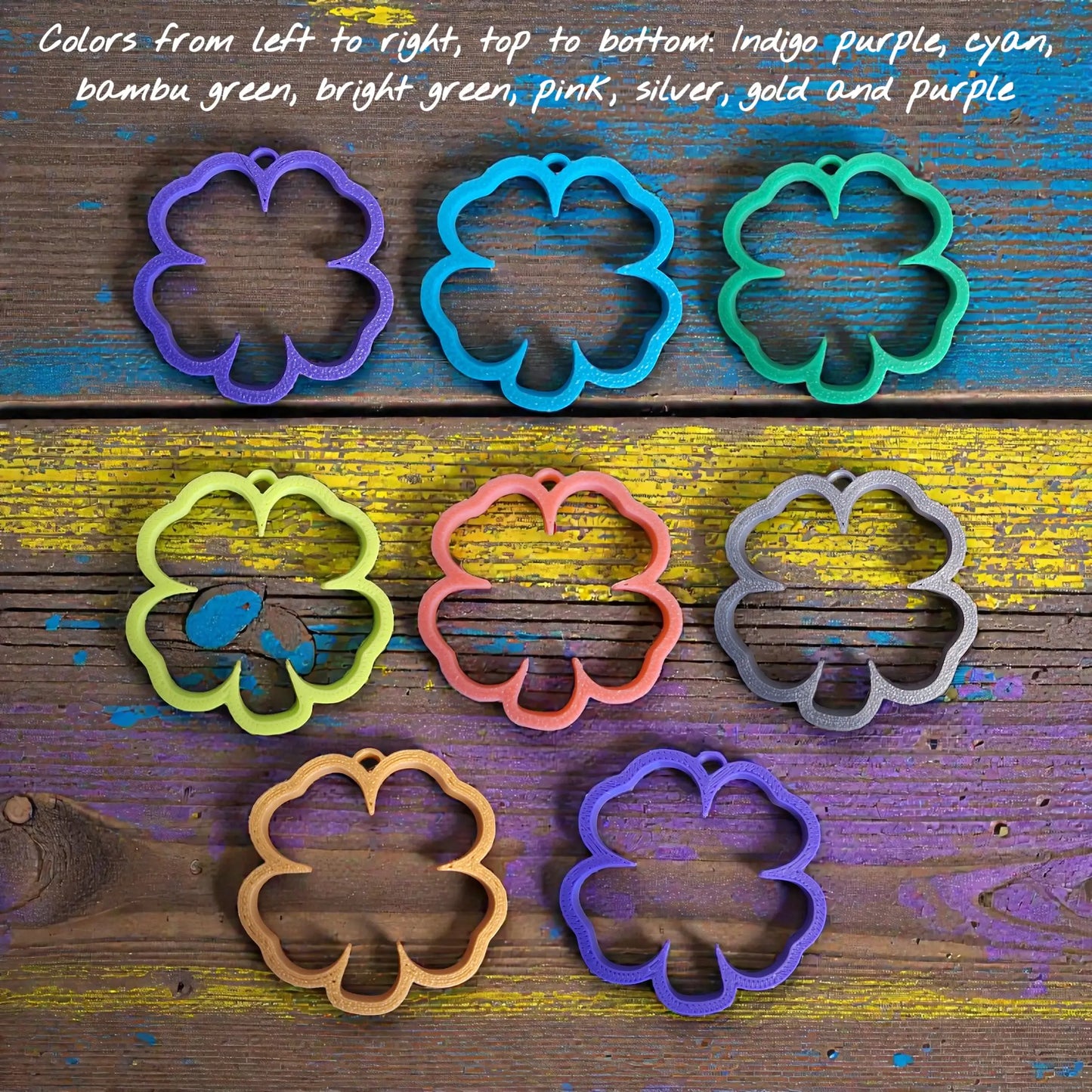 Customizable four leaf clover keychain in eight different colors, perfect for Irish themed gifts and St Patrick's Day party favors.