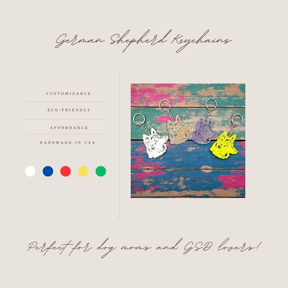 Handmade and customizable German Shepherd keychain in various colors, perfect for dog moms, dog lovers, GSD pet parents, or custom gifts.