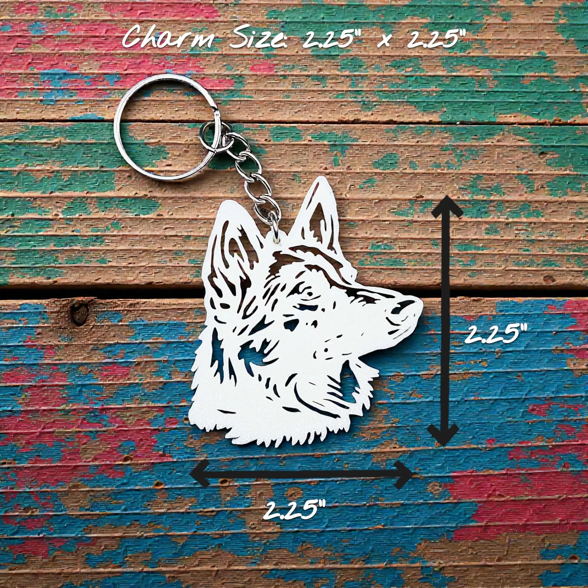 Handmade and customizable German Shepherd keychain in white, perfect for dog moms, dog lovers, GSD pet parents, or custom gifts.