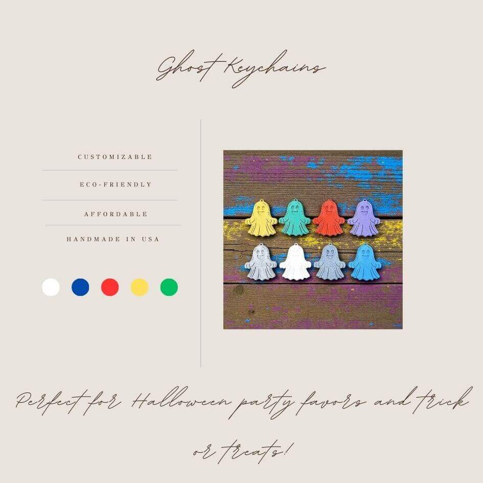 Handmade and customizable ghost keychains, perfect for Halloween party favors, trick or treats, and fun Fall gifting for kids.