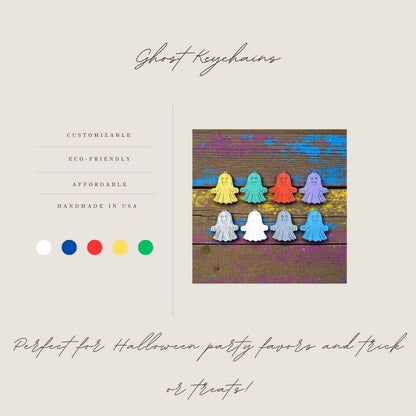 Handmade and customizable ghost keychains, perfect for Halloween party favors, trick or treats, and fun Fall gifting for kids.