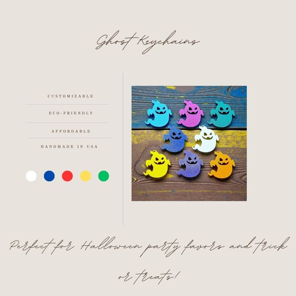 Handmade and spooky Halloween ghost keychains in unique colors, ideal for fall party favors, gifting, or accessorizing Halloween-themed trick or treat bags or keys.