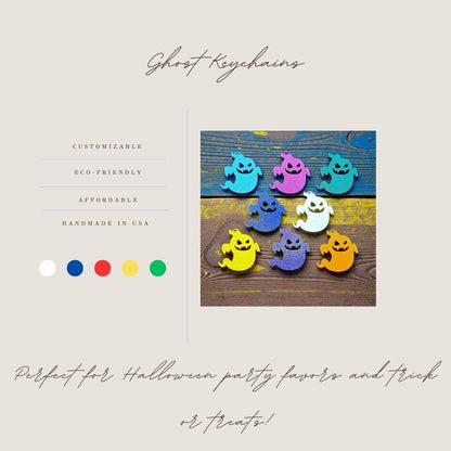 Handmade and spooky Halloween ghost keychains in unique colors, ideal for fall party favors, gifting, or accessorizing Halloween-themed trick or treat bags or keys.