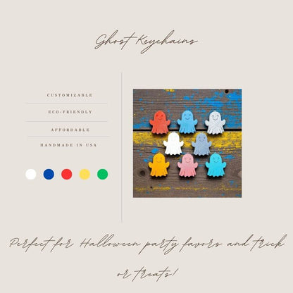 Handmade and customizable ghost keychains in multiple colors, perfect for Halloween party favors, trick or treats, and fun Fall gifting for kids.