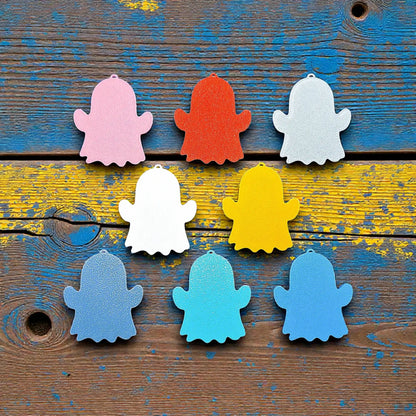 Reverse of handmade and customizable ghost keychains in various colors, perfect for Halloween party favors, trick or treats, and fun Fall gifting for kids.