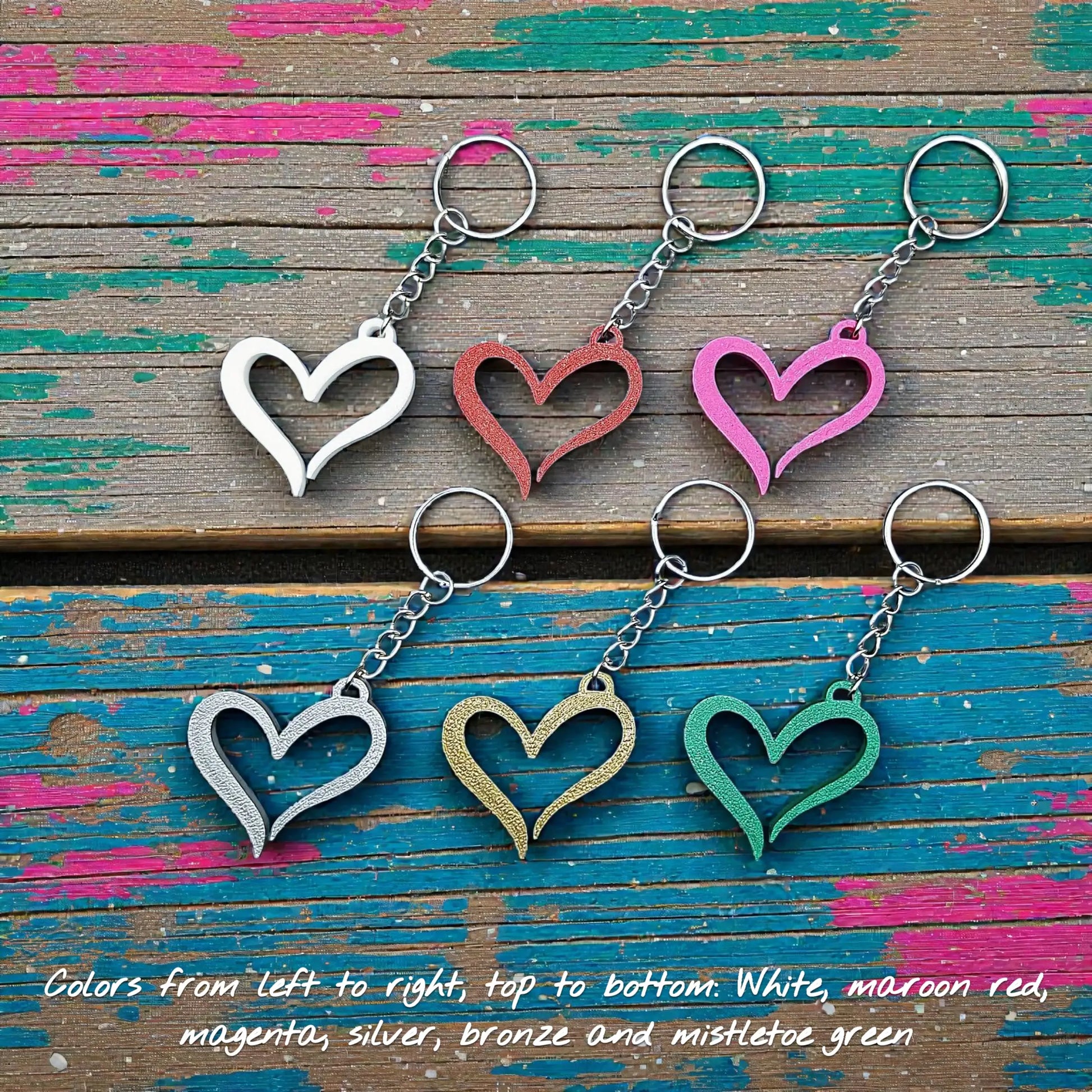 Handmade and customizable heart keychains in six colors, perfect for Valentine's Day, party favors, baby showers, or everyday gifts.