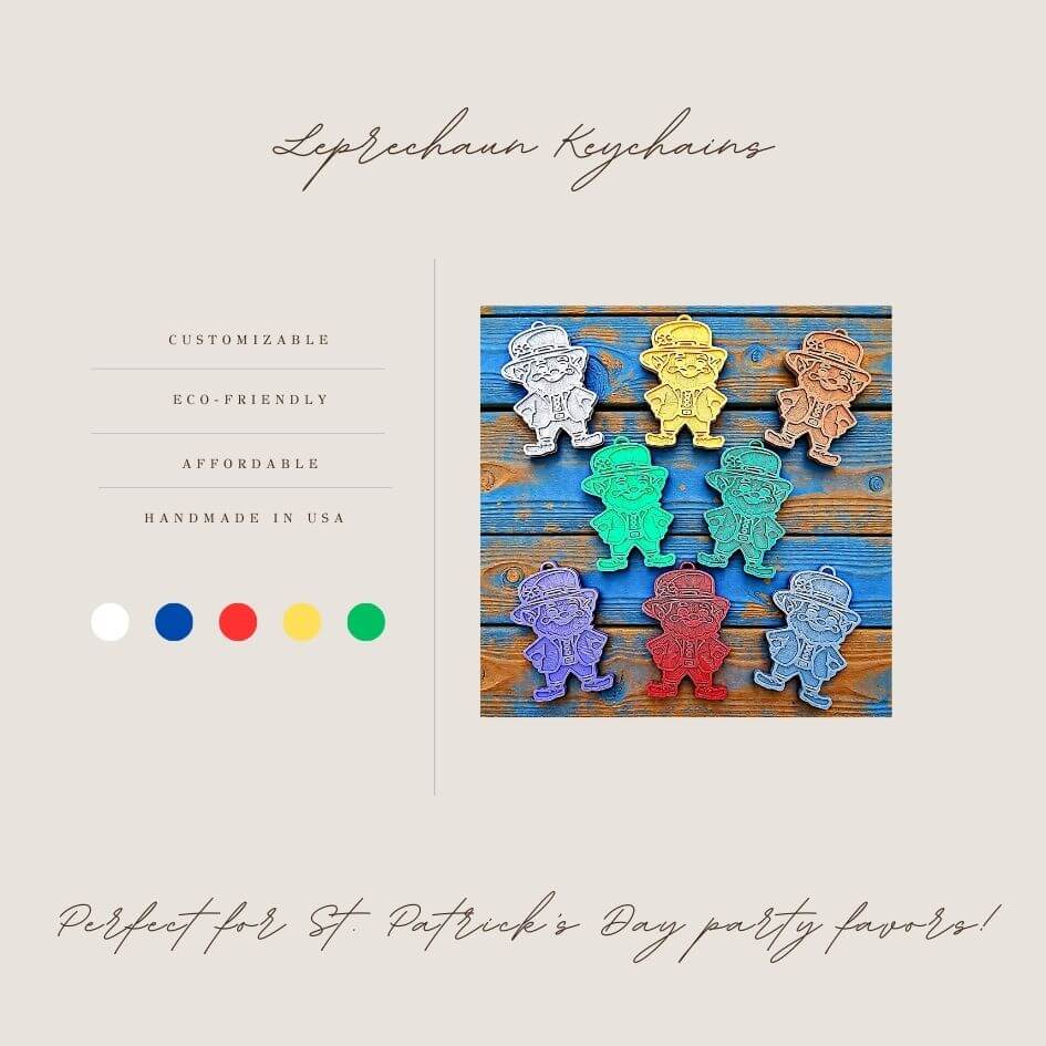 Handmade and customizable leprechaun keychains in various colors, ideal for Irish gifts, St. Paddy’s Day party favors, and festive shamrock bag charms.