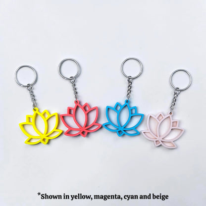 Lotus flower keychains shown in various vibrant colors, eco-friendly and handmade, perfect for spiritual gifts or mindful accessories.