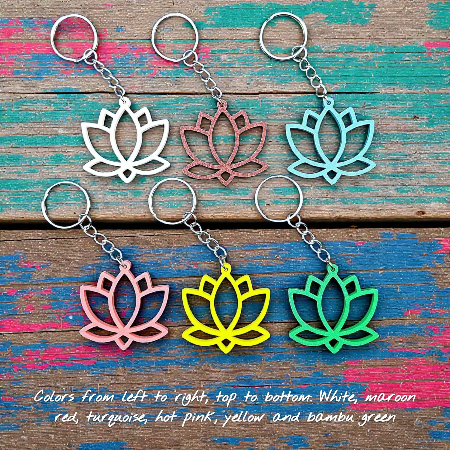 Six lotus flower keychains shown in various vibrant colors, eco-friendly and handmade, perfect for spiritual gifts or mindful accessories.