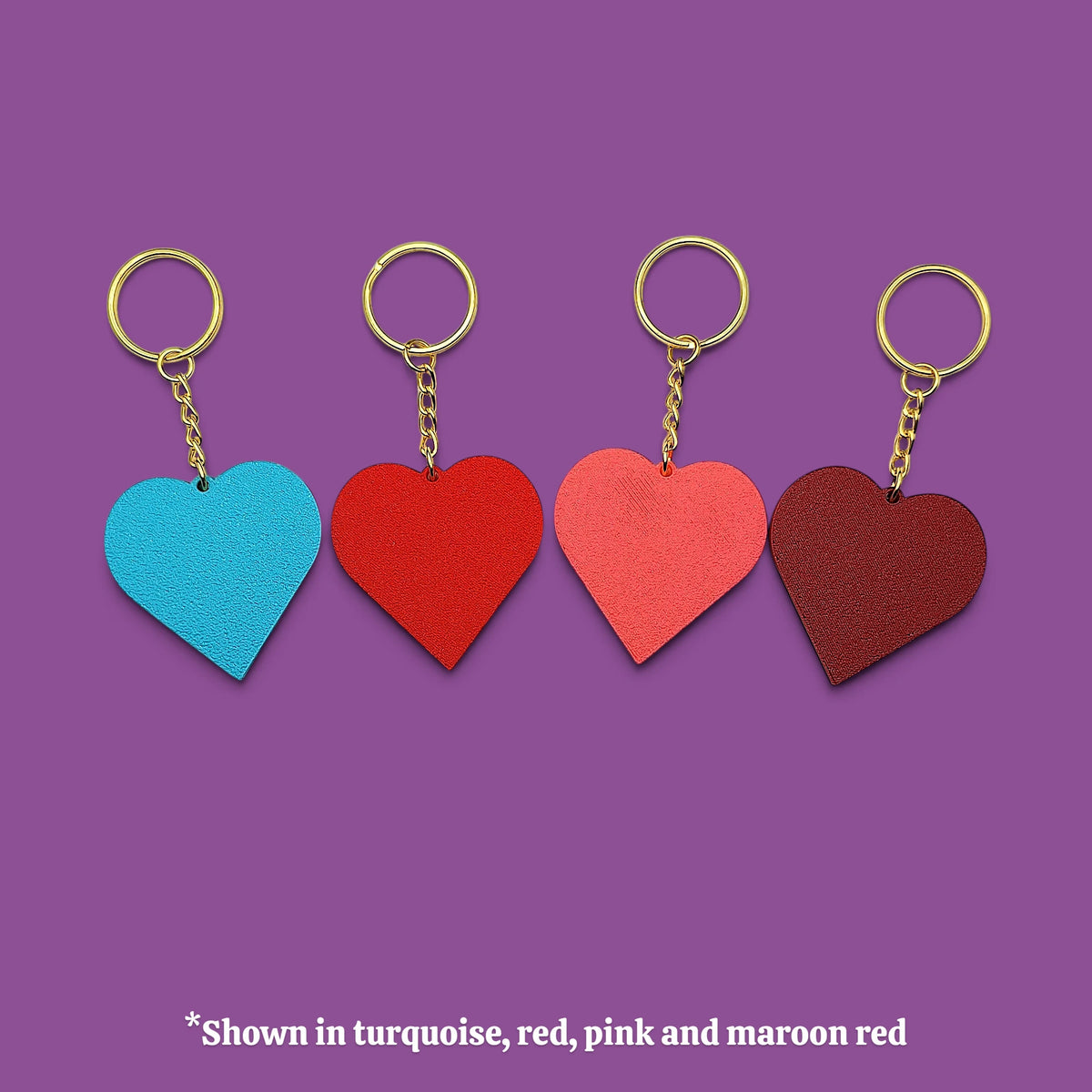 Four heart shaped keychains, perfect for Valentine's Day gifts, wedding favors, and event party favors.
