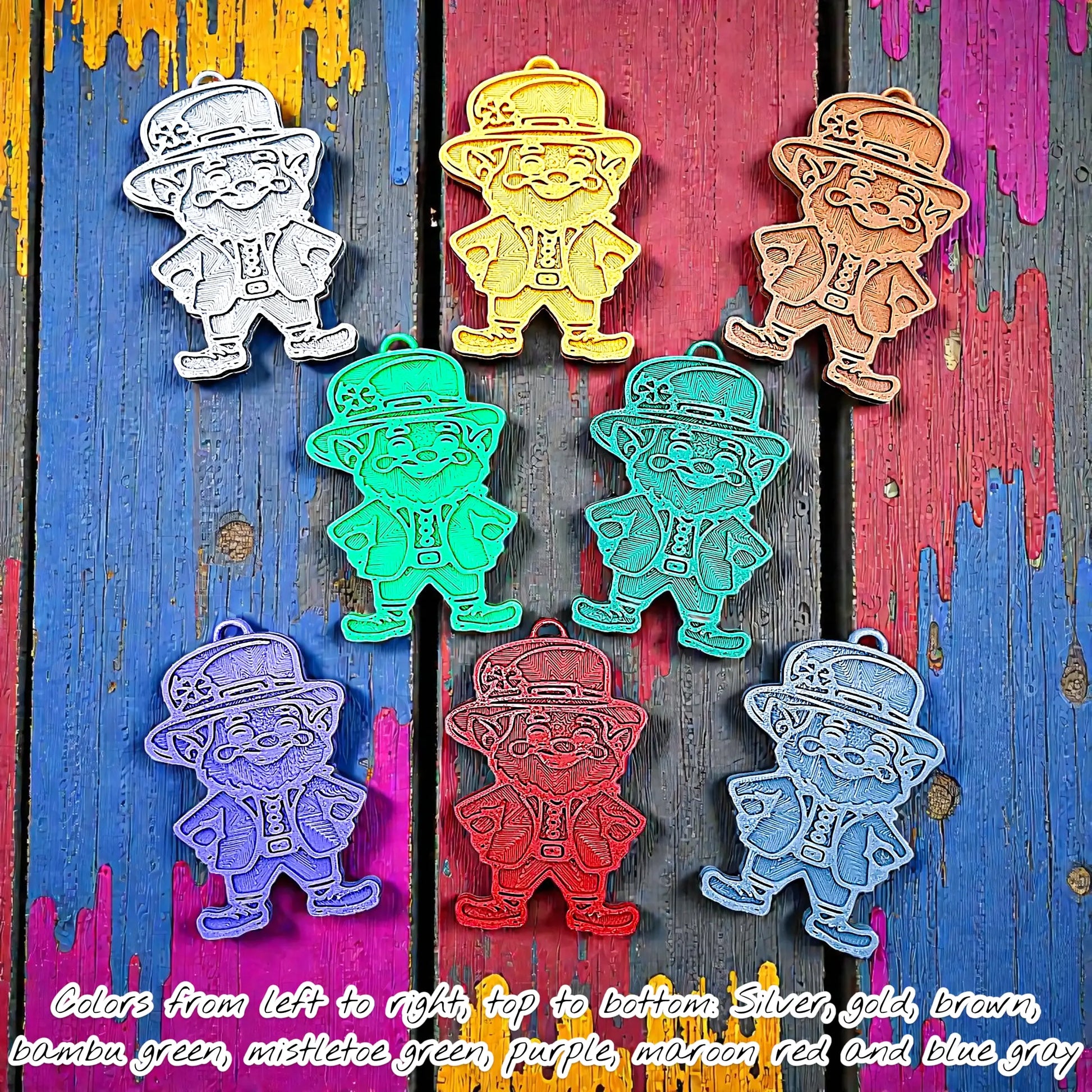 Handmade and customizable leprechaun keychains in various colors, ideal for Irish gifts, St. Paddy’s Day party favors, and festive shamrock bag charms.