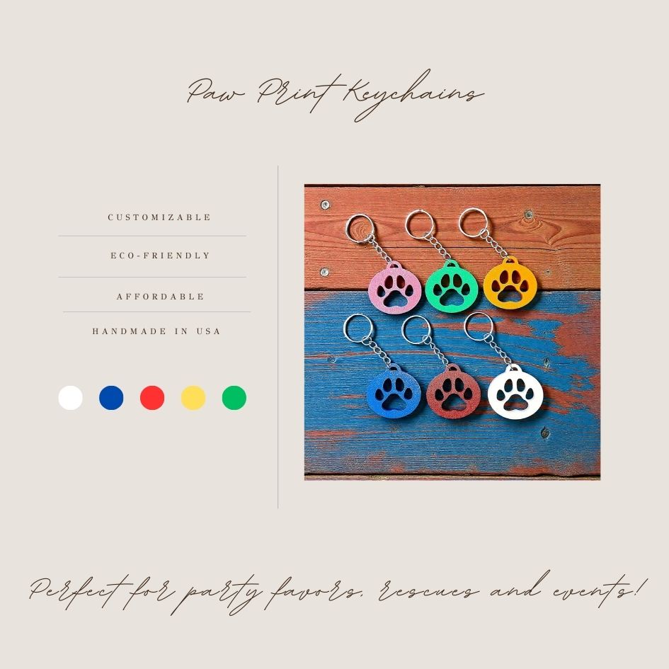 Handmade and customizable paw print keychains in unique colors, perfect for pet lovers, events and animal themed gifts.