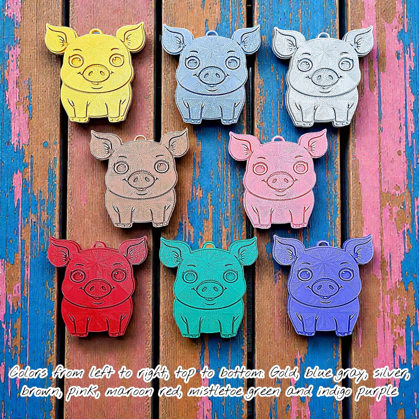 Handmade and customizable pig keychains in assorted colors, ideal for country themed part favors, cute bag charms, and classroom prizes.