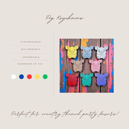 Handmade and customizable pig keychains in various colors, ideal for country themed part favors, cute bag charms, and classroom prizes.