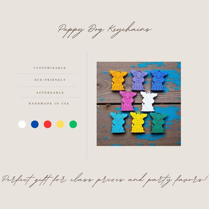 Handmade and customizable puppy dog keychains in various colors featuring a detailed dog design, perfect for classroom prizes, party favors for kids birthdays, and unique bag charms.
